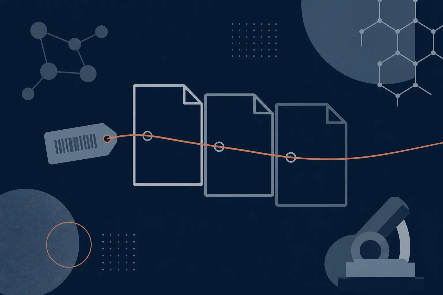 Abstract illustration of a numbered tag threaded through a chain of connected document outlines.